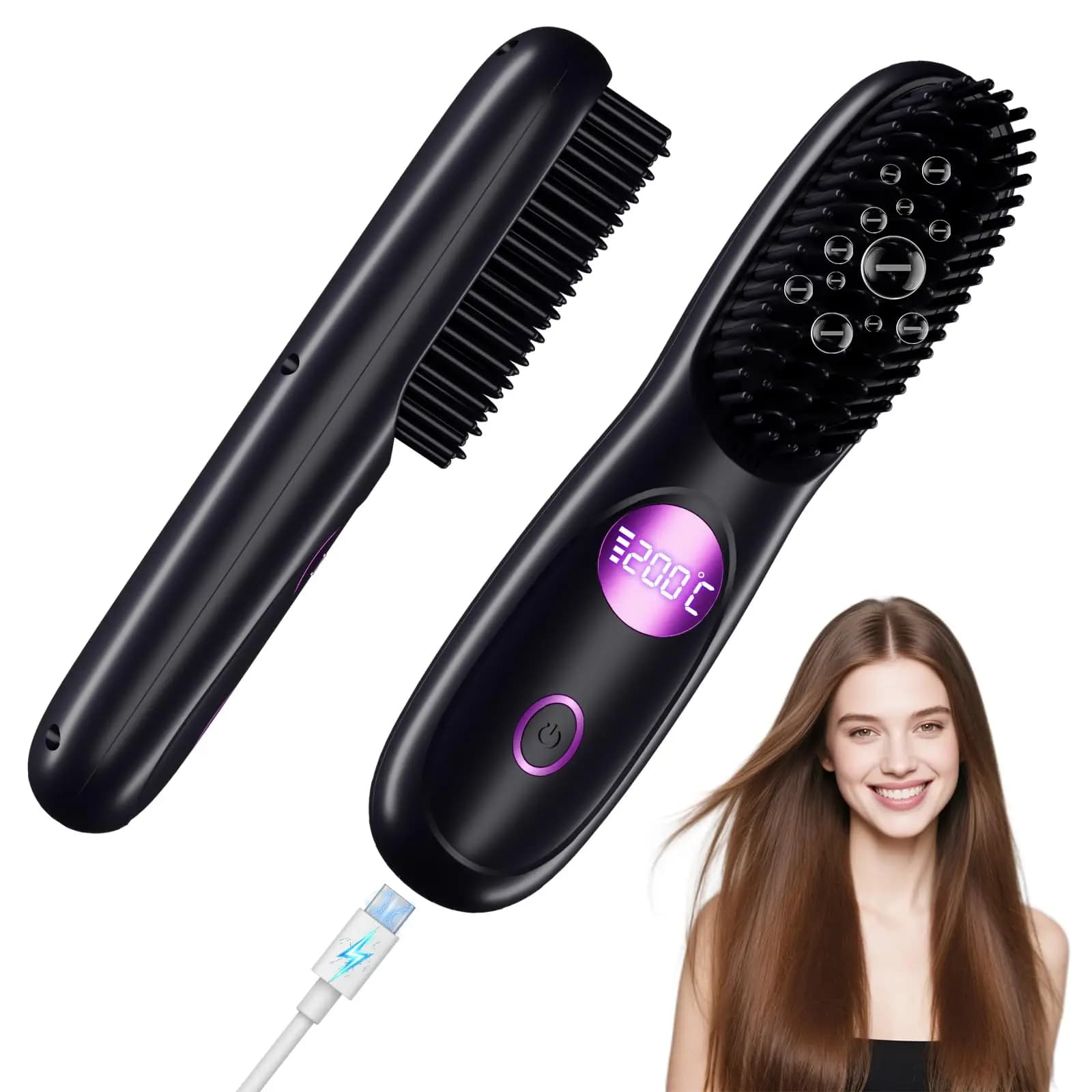 Women's Wireless Leasing Brush With 300 Millions of Negative Ions - Portable Plate with LED Display for Travel