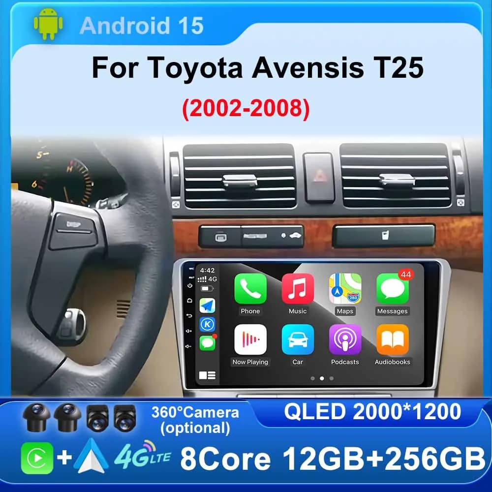 Android 15 per Toyota Avensis T25 2002-2008 Autoradio Multimediale Senza Fili Bluetooth Carplay Touch Screen Stereo di Navigazione GPS