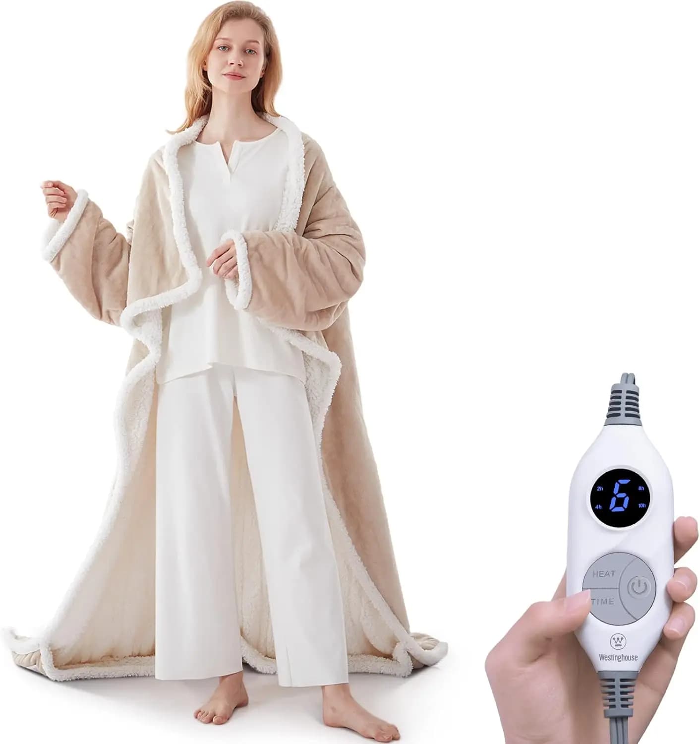 Coperta Riscaldante Indossabile con Tasca per Piedi e Maniche, 6 Livelli di Calore, Timer da 2-10 Ore, Beige