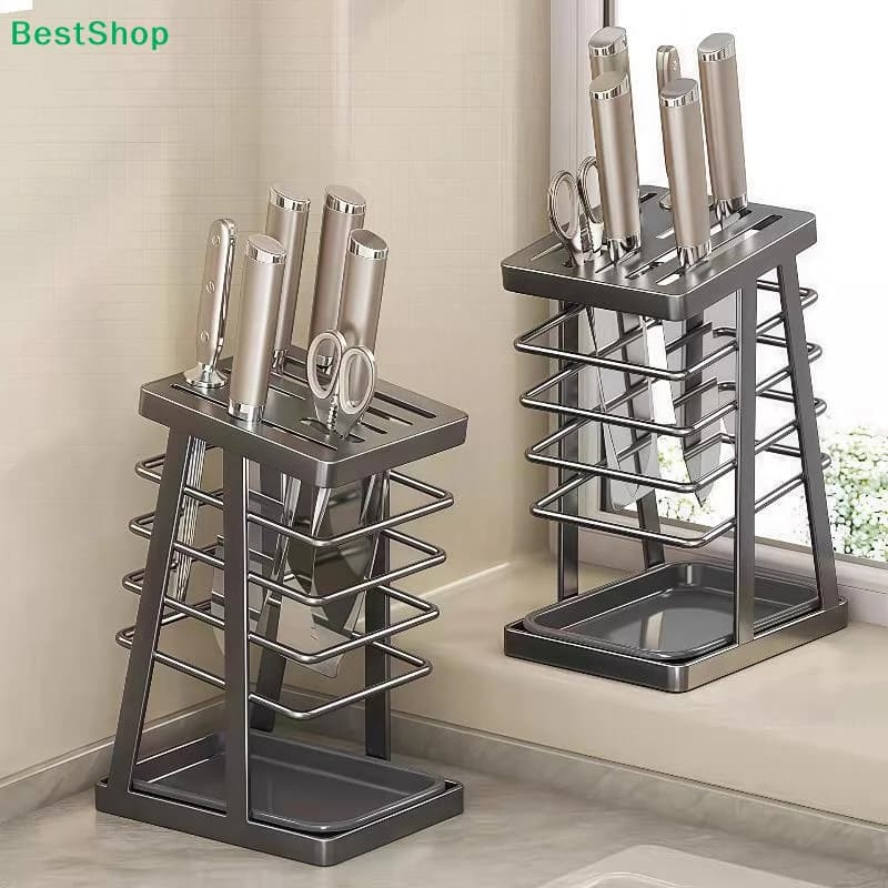 〔R〕Universal Knife Holder with Drip Tray - Stainless Steel Kitchen Knife Storage Rack for Knives & Scissors
