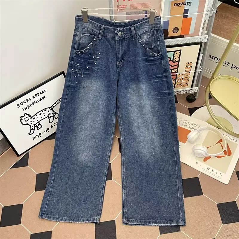Jeans American Sle Loose Straight Leg con design a chiodi, pantaloni versatili a gamba larga per uomo e donna, lunghi fino al pavimento