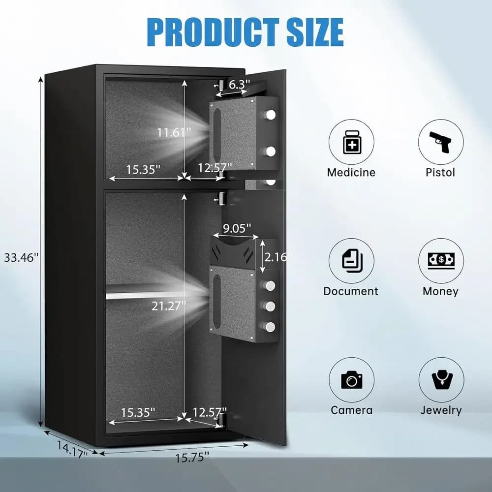 Cassaforte di Sicurezza Grande da 7.0 Cu Ft con Doppia Porta, Impermeabile, Allarme Doppio, Tastiera Luminosa 3D, Modalità Silenziosa per Armi da Fuoco