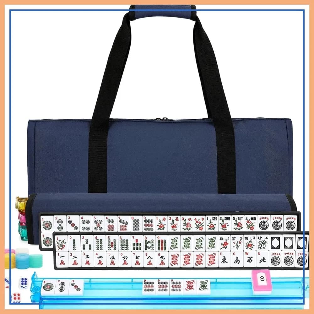 Set Mahjong Americano con 166 Tessere Bianche, 4 Supporti e Borsa Blu, Formato da Viaggio