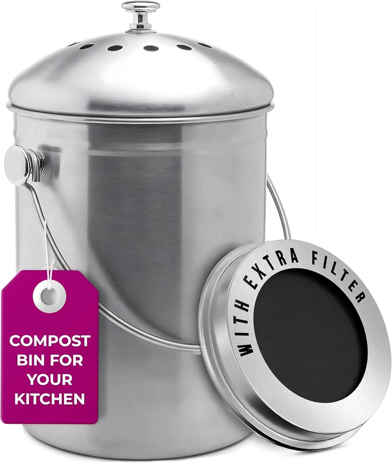 Contenitore per Compostaggio da Cucina Inodore da 1,3 Galloni con Filtro al Carbone, Bidone per Riciclaggio Rifiuti in Acciaio Inox per Interni
