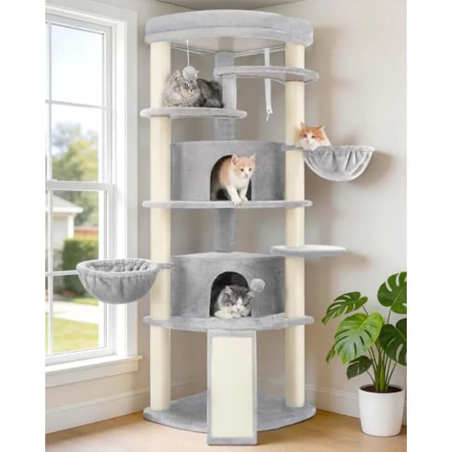 Albero per Gatti Angolare per Interni con Tiragraffi in Sisal, Cuccia Multilivello Marrone, 2 Grandi Tane per Gatti, Ampia Piattaforma Superiore, 2 Posti Letto