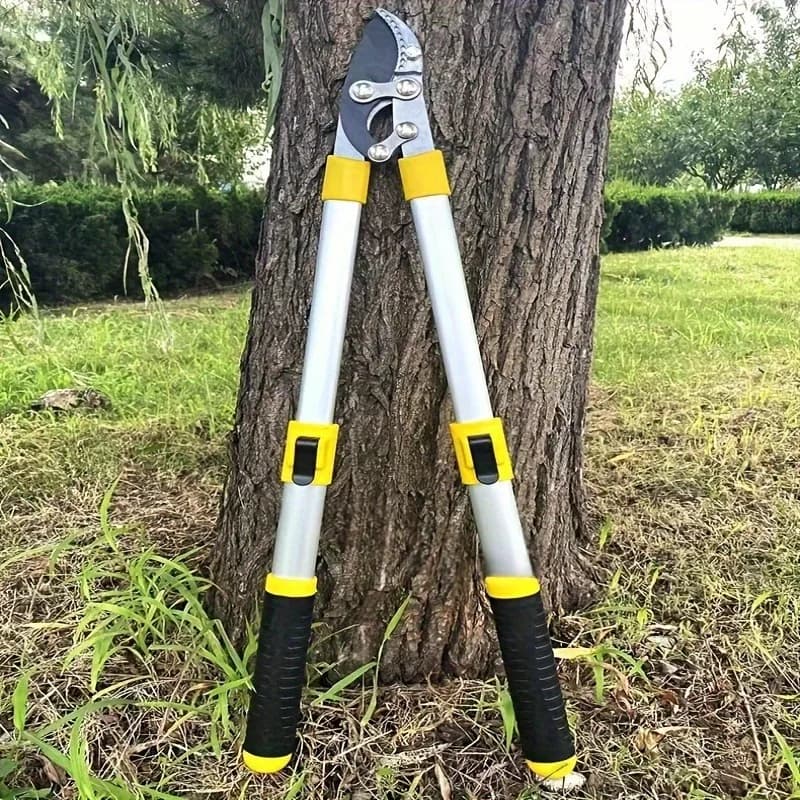 Elastic pruning scissors with long handle, designed specifically for thick branches and for regular pruning of trees.