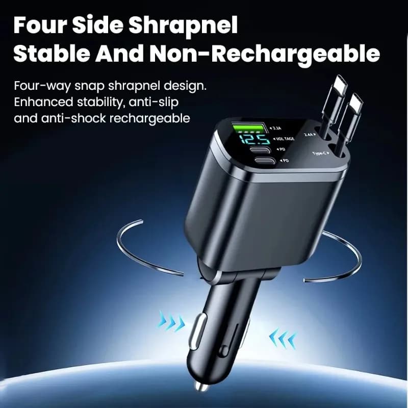 Universal Charger for Auto 5 in 1 with Cigarette Lighting Adapter, Quick Charging Type C PD with Retractable Cable and Tension Display