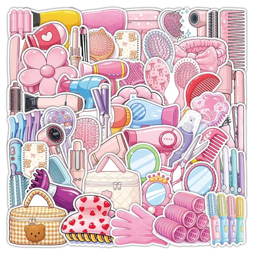 50-100 Pezzi Adesivi Carini per Strumenti di Acconciatura, Decalcomanie Kawaii con Motivi di Asciugacapelli e Ferro Arricciacapelli, Adesivi in Vinile Impermeabili per