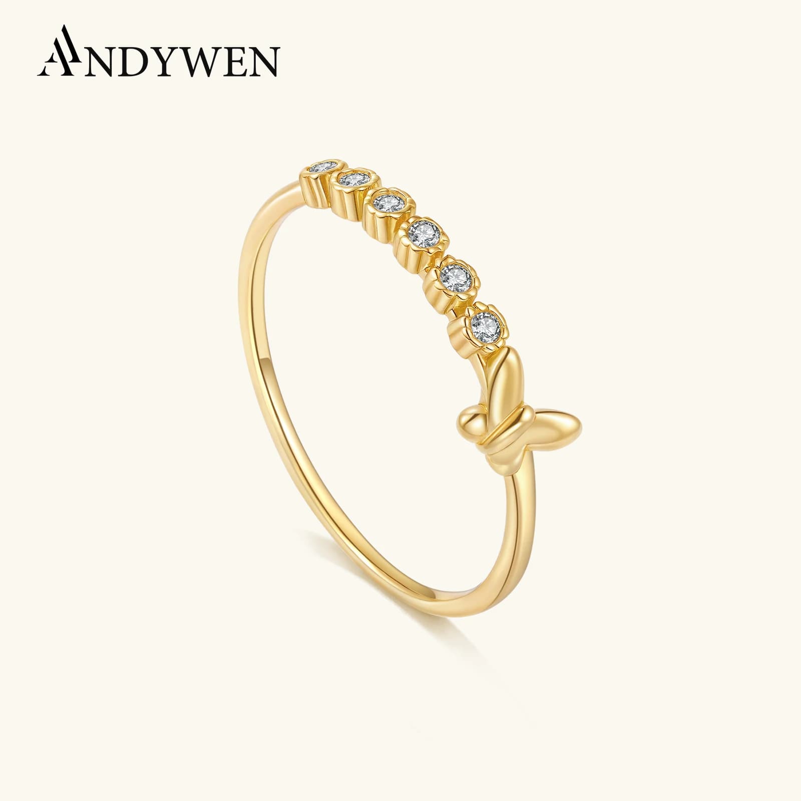 ANDYWEN Anello in argento sterling 925 carino ed elegante con farfalla in oro rotondo con zirconi CZ 2025 Regalo di moda quotidiana per le donne di lusso quotidiano