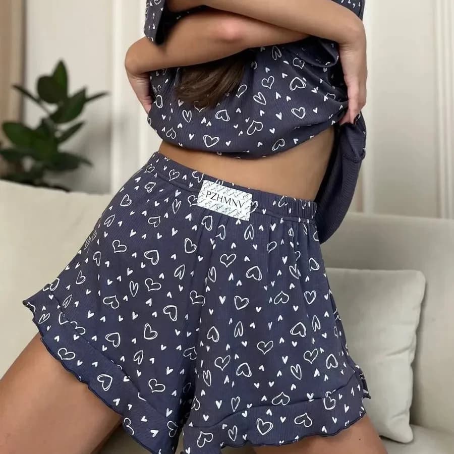 New Lotus Leaf Print Shorts for Outdoor Wear Pajamas Loungewear Set Pajama set Floral Printed Two Pieces Love Heart XL Size