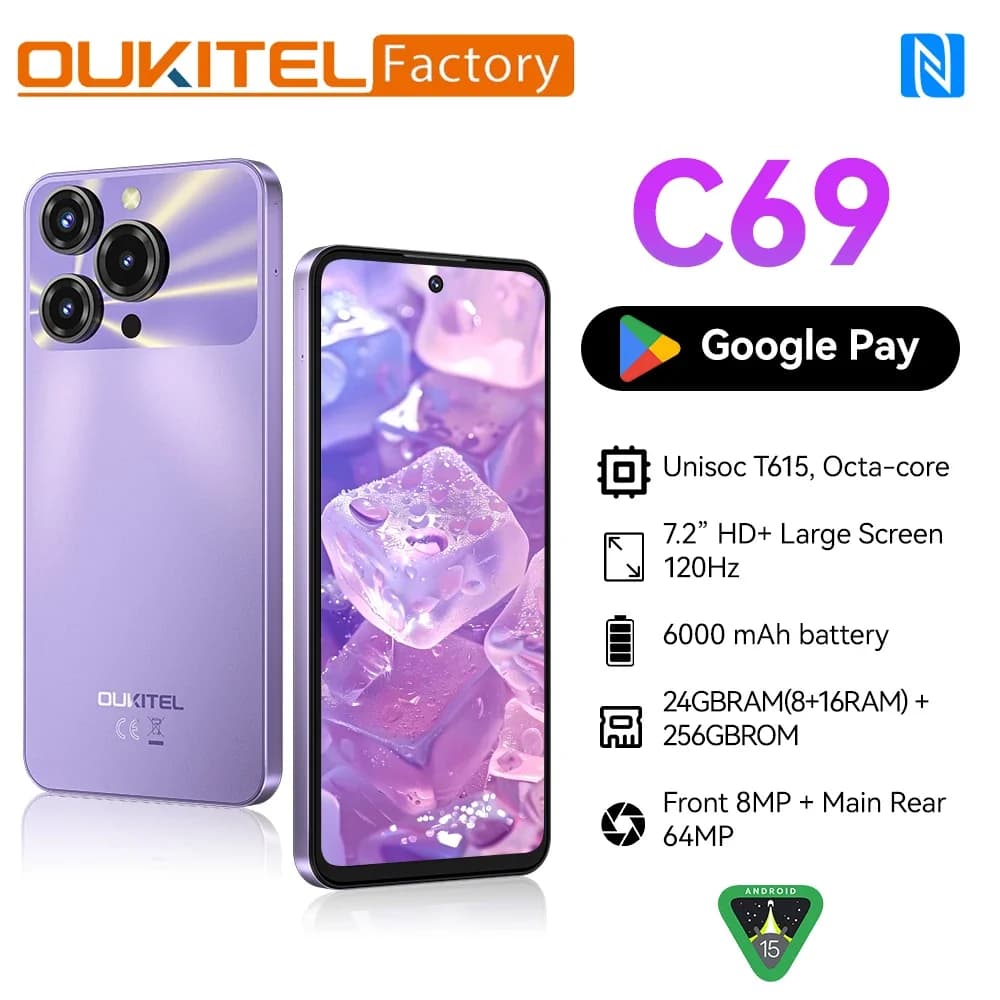 Smartphone OUKITEL C69 versione globale, Android 15 HD+, ampio schermo, Dual 4G, portatile, 24GB (8+16) + 256GB, batteria da 6000 mAh, fotocamera da 64 MP, NFC.
