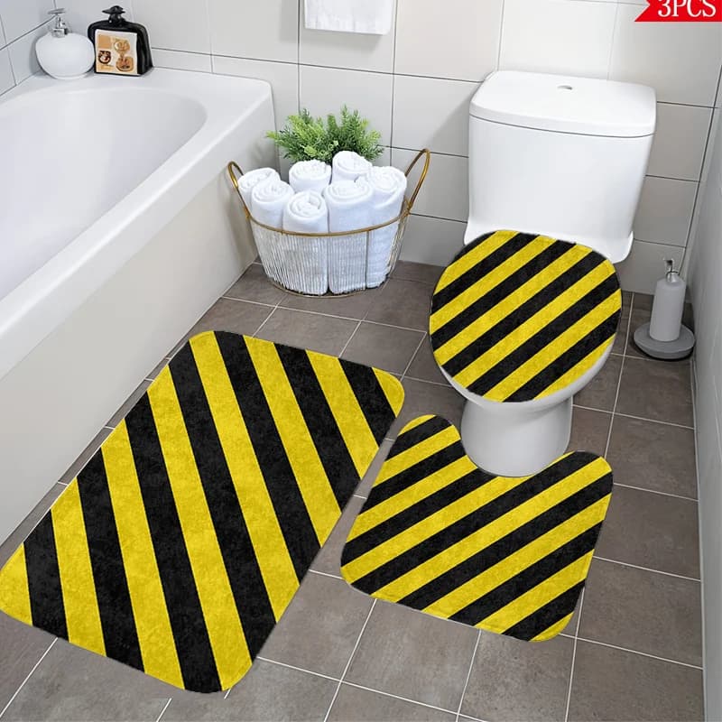 Set da bagno moderno da 3 pezzi – Strisce gialle/neri, tappetini morbidi antiscivolo, copri WC, cuscino spesso, lavabile in lavatrice, kit completo per il bagno