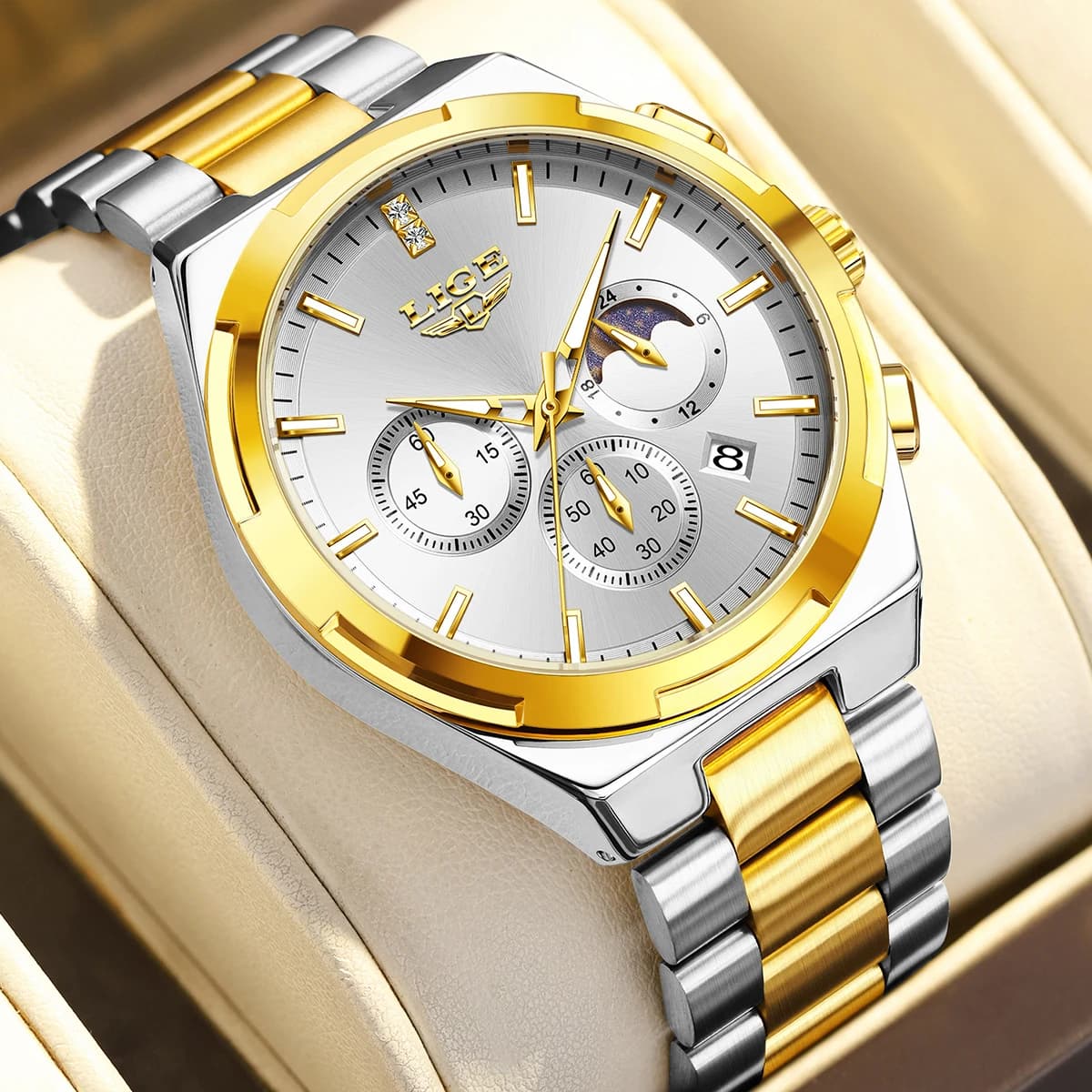 Orologi da uomo LIGE 2026 di lusso, in acciaio inossidabile, con fasi lunari, calendario, al quarzo, orologio da uomo alla moda.