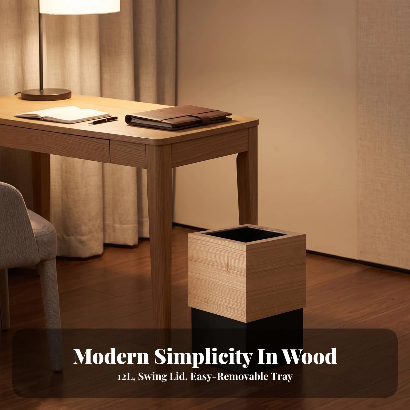 Wooden Trash Can with Lid Minimalist Wooden Trash Bin with Lid Square Waste Bin with Liner Space-Saving Wastebasket Stylish
