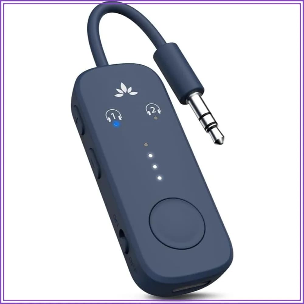 Airplane Bluetooth Adapter for AirPods, Bose & Wireless Headphones, Qualcomm Chip, aptX Adaptive, 25Hrs Battery, 3.5mm AUX for Flight & Travel