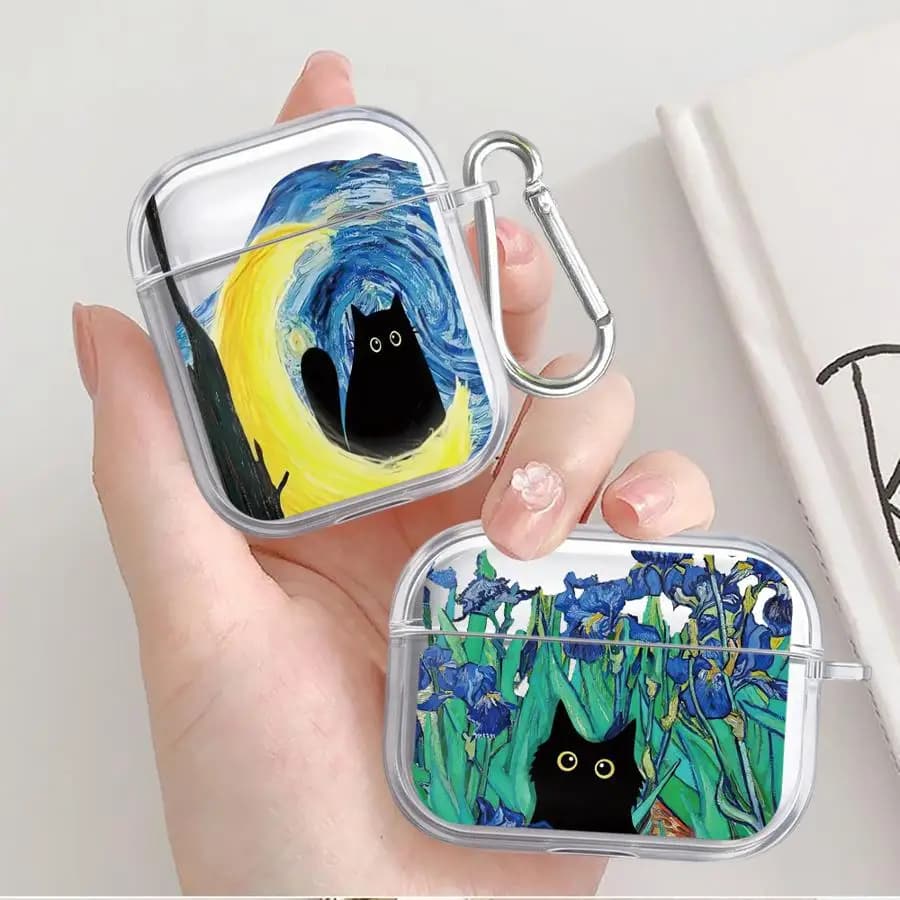 Custodia Protettiva Trasparente per Auricolari con Dipinto a Olio Gatto di Van Gogh per Airpods 1 2 Pro3 4 Pro2 3 Pro