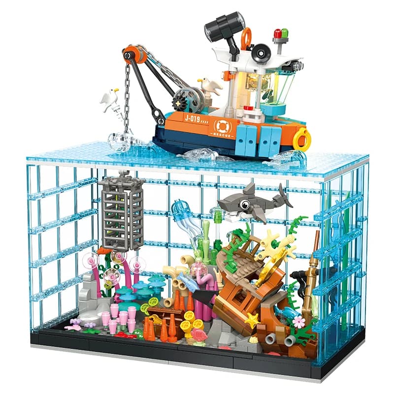 Set di blocchi da costruzione con acquario per avventure subacquee da 856 pezzi con luci, ornamento creativo, giocattolo educativo, regalo di compleanno per bambini