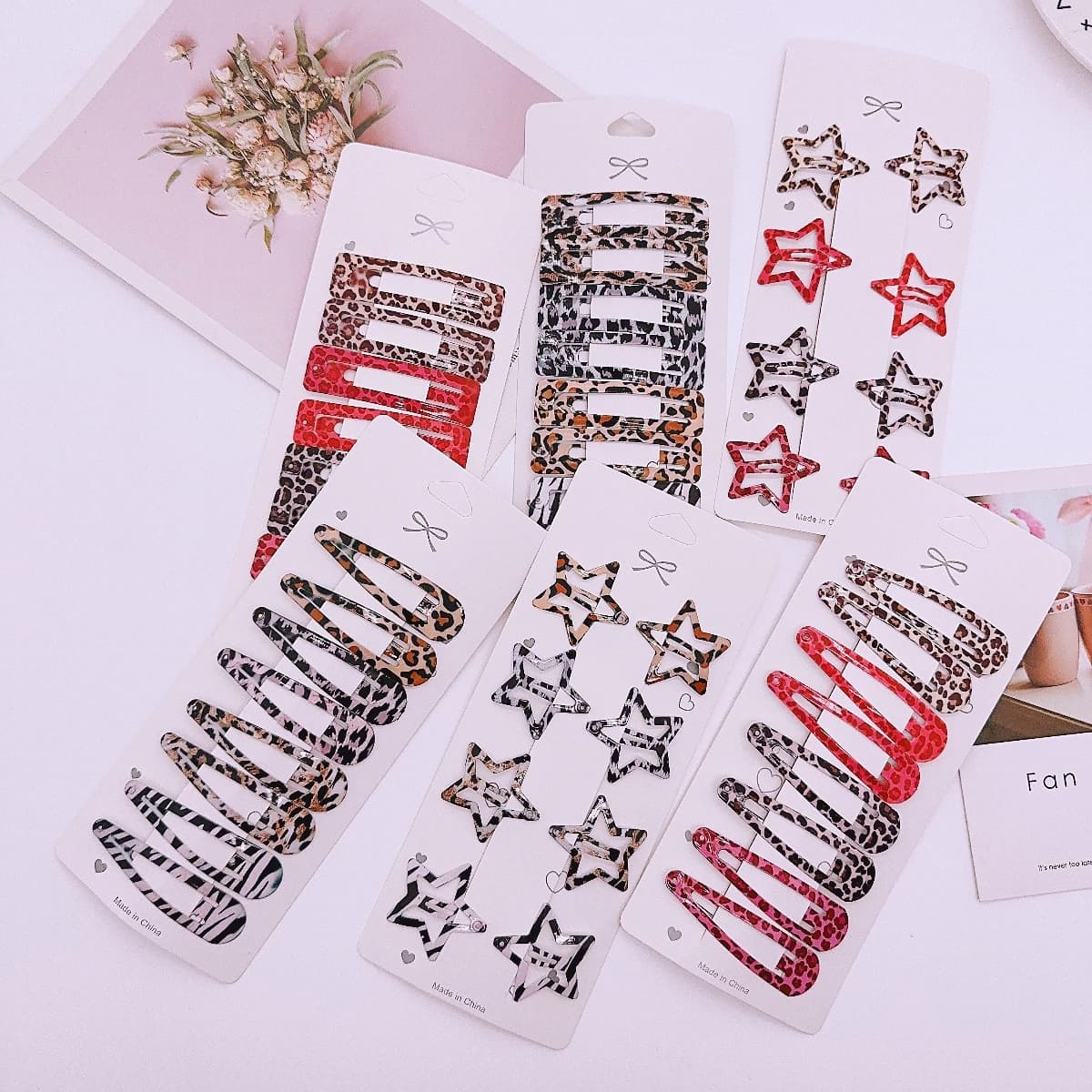 8 fermagli per capelli con stampa leopardata per donne e ragazze, fermagli geometrici a forma di stella, fermagli BB, fermagli per frangia, fermagli Y2K, accessori per capelli.