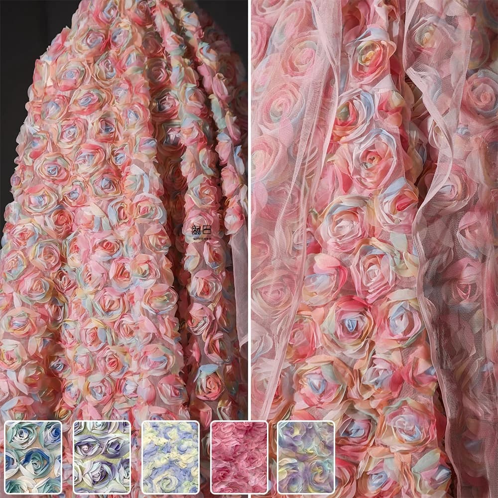 3D Embroidery Lace Rose Fabric Sheer Mesh Fabric Elegant Sewing Crafts for DIY Tulle Dress Wedding Dress Banquet Party Decor