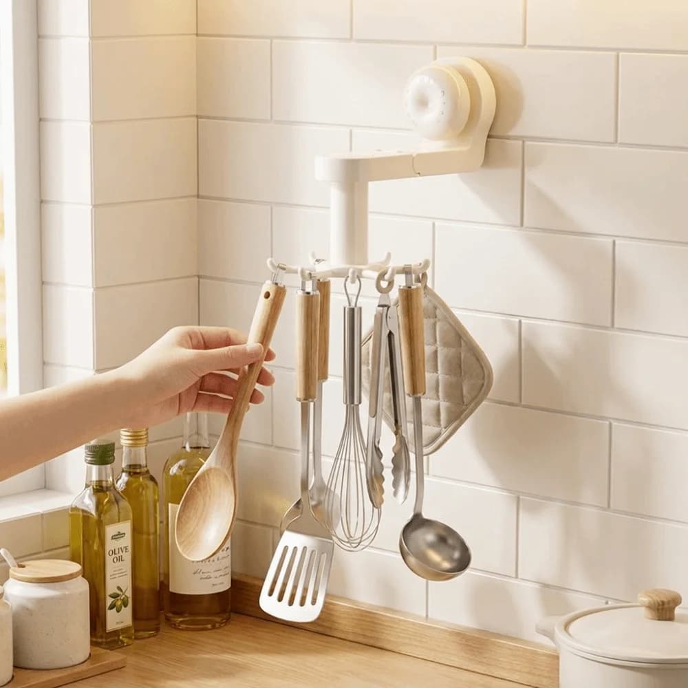 Rotatable Kitchen Rotating Hook Space-Saving with Suction Cup Wall Mounted Storage Rack Six-Claw Spatula Storage Rack