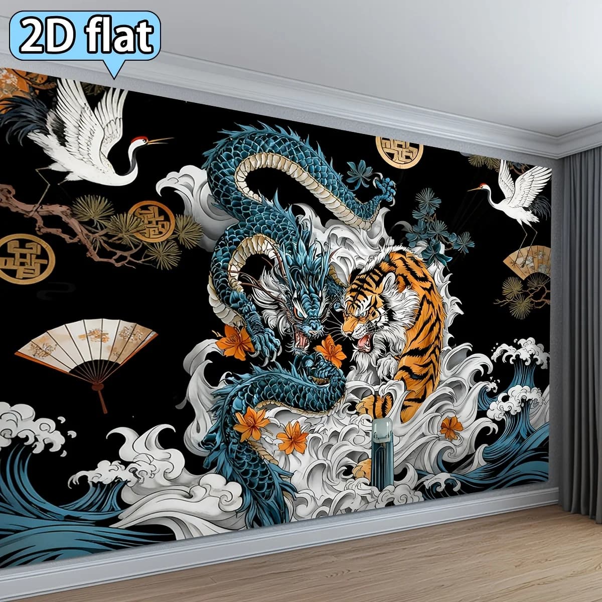 Luxury Chinese Wall Tapestry Mural Decor Asian Dragon Tiger Crane Mythological Art Polyester Hanging Accent Wall Fabric Oriental
