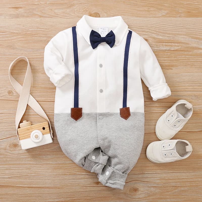 Tuta da arrampicata primaverile e autunnale con cappuccio da bambino a maniche lunghe in puro cotone stile gentiluomo per neonato