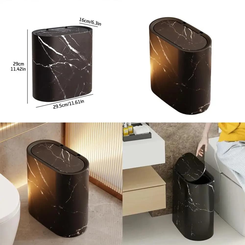 Bidone della spazzatura moderno da bagno in plastica con coperchio, piccolo cestino per rifiuti con motivo in marmo per uso domestico, hotel