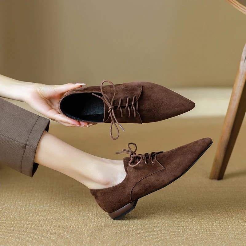 2026 spring autumn women pumps natural leather plus size 22-26cm kid suede+microfiber pointed toe loafers lace-up women shoes