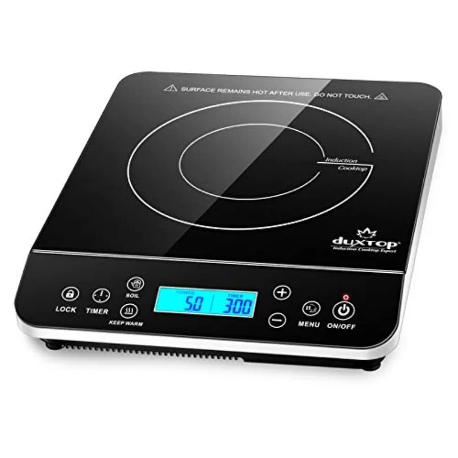 Piano cottura a induzione portatile per uso su piano cucina, corpo in lega di alluminio argentato, controllo touch LCD, potenza elevata 1800W.