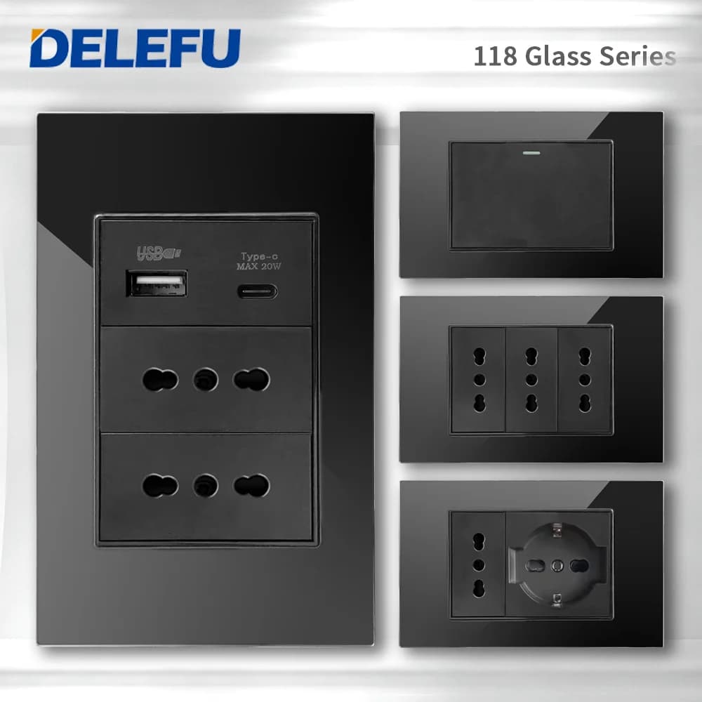 DELEFU Vetro temperato nero Italia USB TypeC Presa a muro a ricarica rapida Schuko Tuya Wifi Smart Switch Sat TV Tel Campanello Cile
