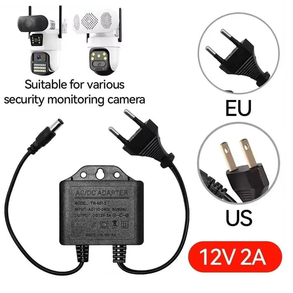 Adattatore DC12V 2A per Telecamera, Alimentatore Impermeabile Nero, Ingresso AC100V-240V, Spina EU, Caricabatterie per Telecamera di Sicurezza da Esterno