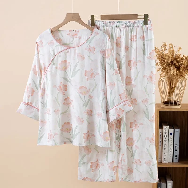 Chinese National Style Bamboo Cotton Pajamas Women's Thin Crewneck Nine-quarter Sleeve Loungewear Spring 2 Piece Sets
