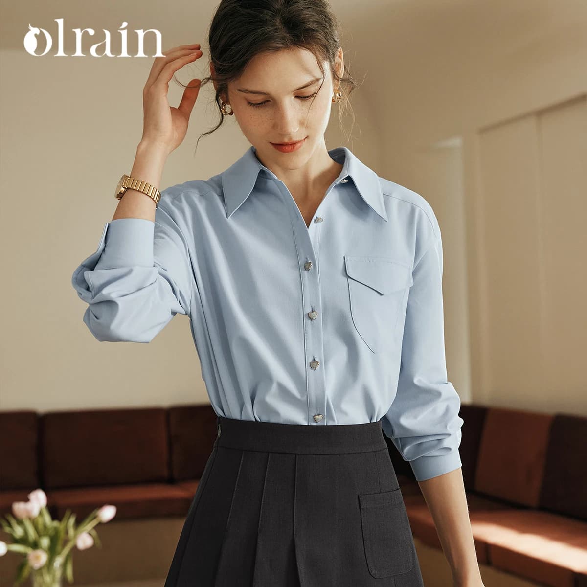 OLrain French Blue Shirt Women 2026 Autumn Long Sleeve Loose-fit Heart-Shaped Buttons Blouse Elegant Office Female O57QC83011