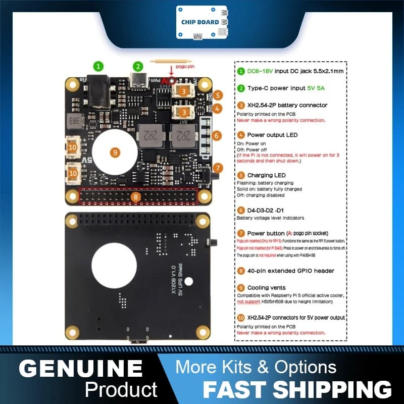 Geekworm X1209 V1.0 Schermo di gestione dell'alimentazione, backup UPS da 5 V e modulo di controllo dell'alimentazione per Raspberry Pi 5/4B/3B