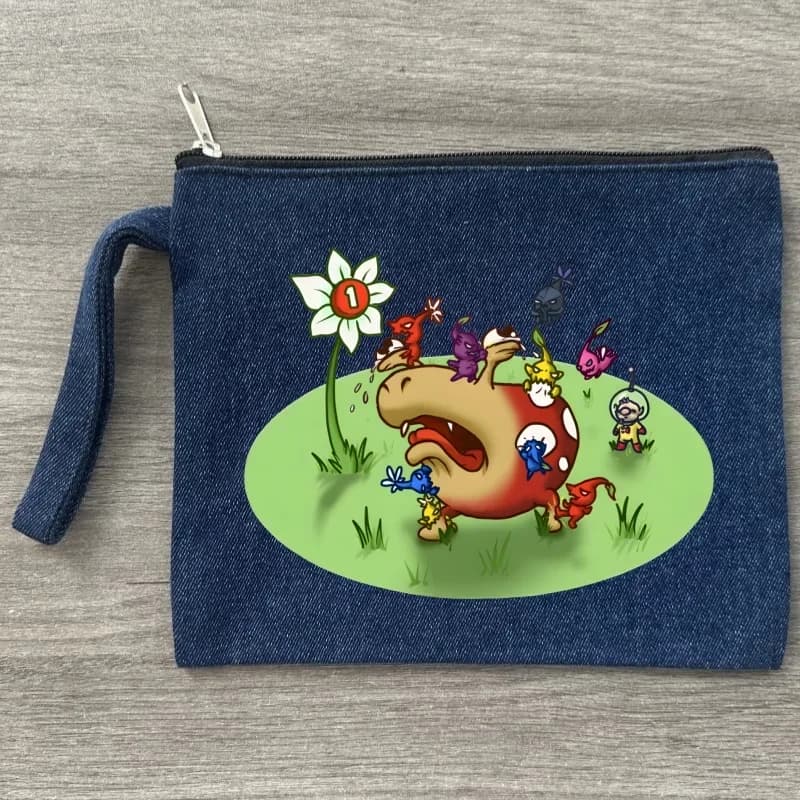 Pikmin Stampa Borsa per il trucco Organizzatore da toilette da viaggio Modello Borse portaoggetti in tela Borsa per cosmetici in denim da viaggio