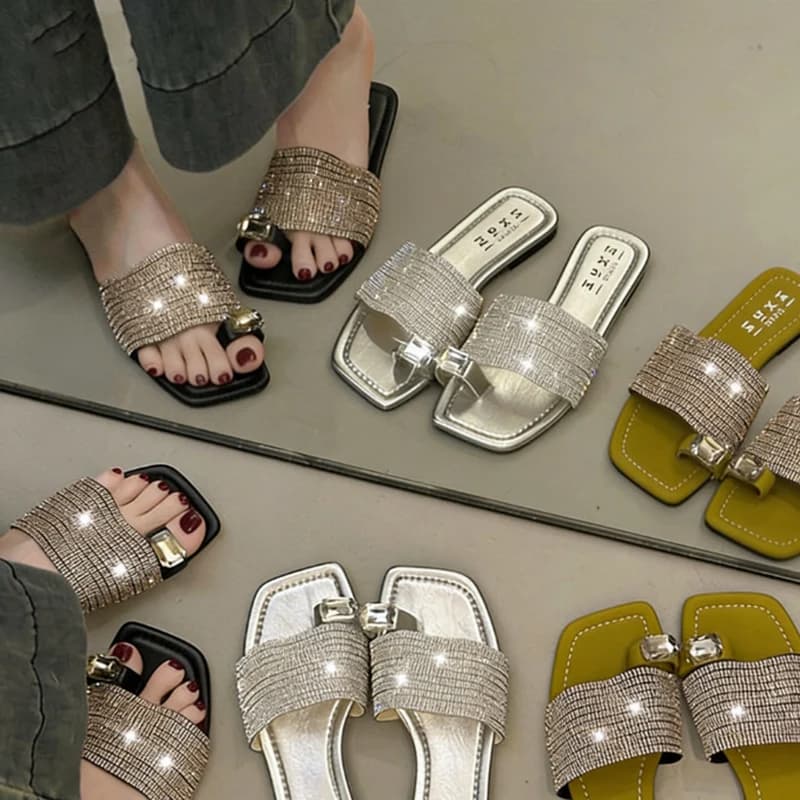 Nuove Ciabatte Estive di Lusso con Strass, Sandali Casual a Punta Aperta per Donna, Scarpe Slip-on, Mules e Loafers