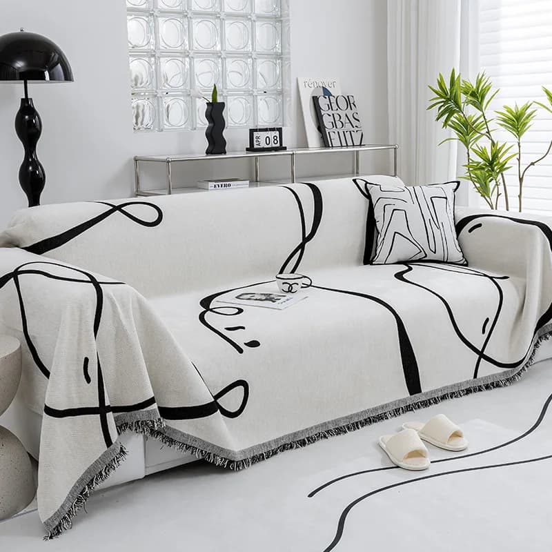 Fodera per divano in ciniglia linea nera Fodera per coperta per divano in tessuto Fodera completa per asciugamano per divano universale Fodera per cuscino per divano antipolvere