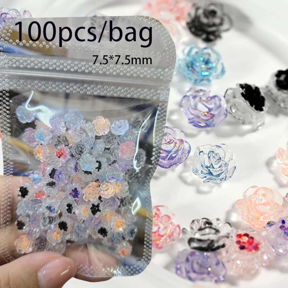 100 pcs Crystal Camelia Nail Art Flower 3D Strap Pink/Viola Roseflower Nail Decoration Accessories Nail Supplies