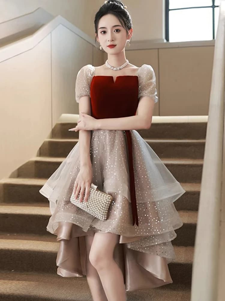 Elegant Short Front Long Back Wedding Dress Korean Style A-Line Skirt Evening Gown for Engagement Party Polyester Fabric