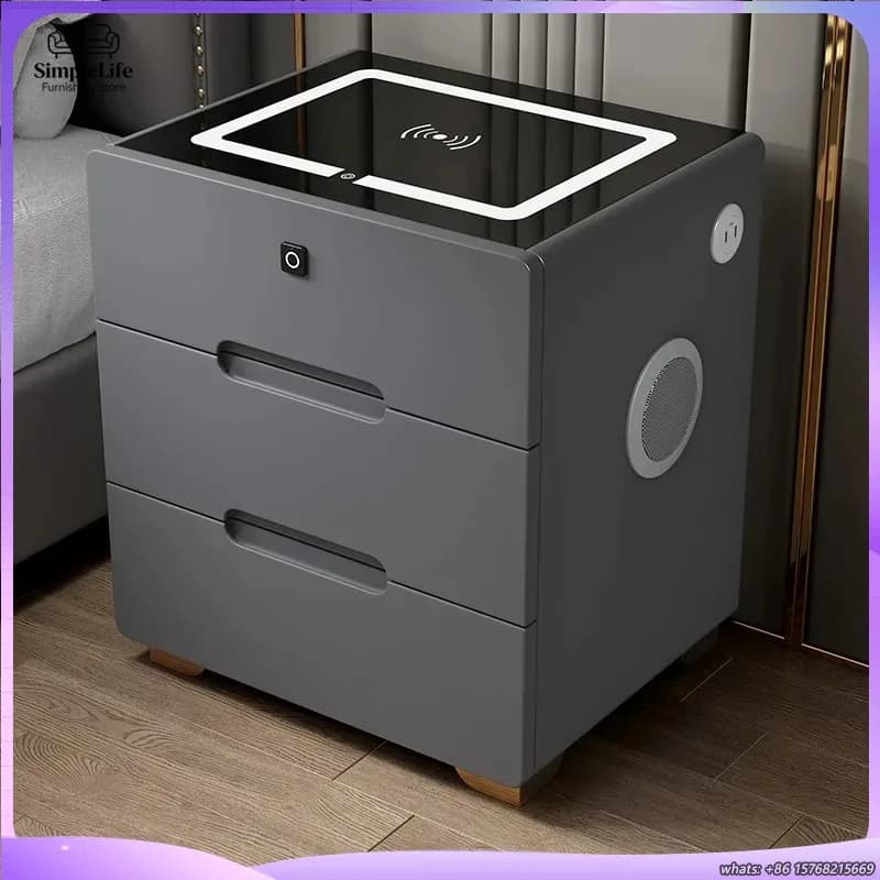 Comodino Moderno Intelligente con Serratura a Impronta Digitale, Lampada Bluetooth in Legno e Ricarica Wireless per Soggiorno
