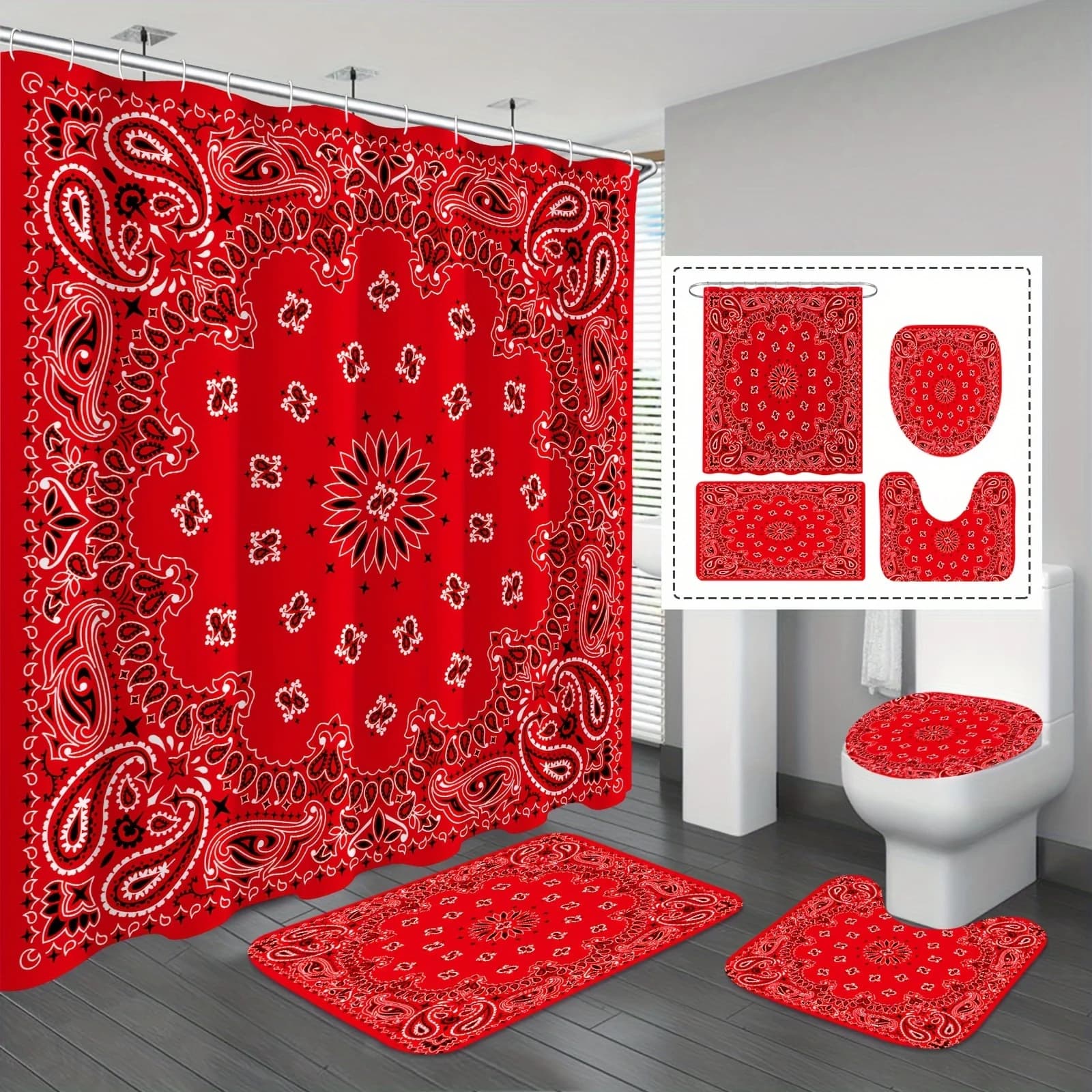 Red Bandanna Pattern Shower Curtain Set | Waterproof Curtain, Non-Slip Bath Rug, U-Shape Mat, Toilet Lid Cover, 4-Piece Set