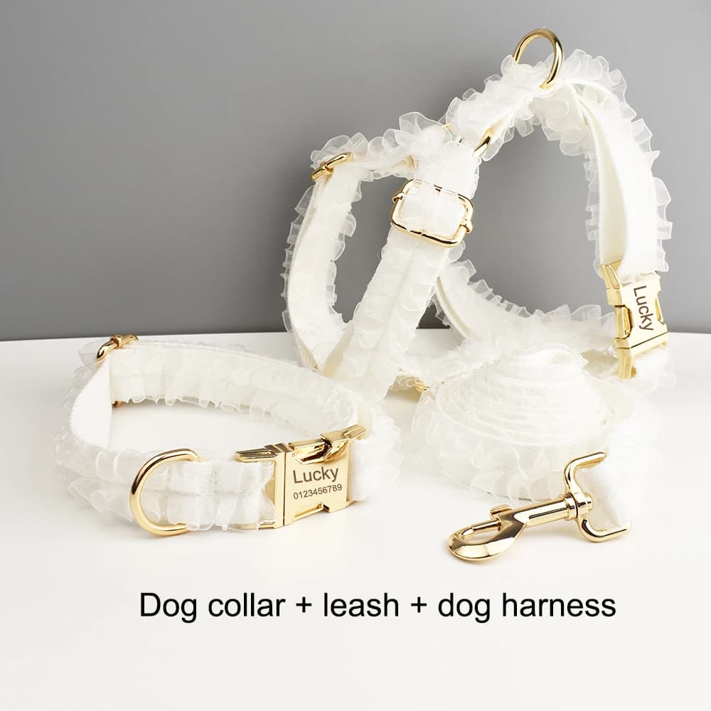 Collare per cani in pizzo bianco personalizzato con incisione, pettorina nuziale per animali domestici, accessori di lusso per cani, targhetta in pizzo 01