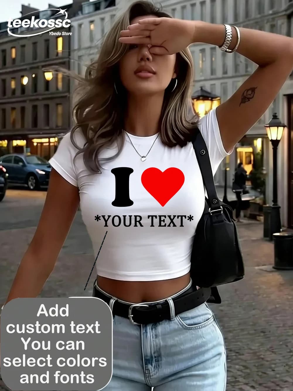 Top Crop in Cotone Personalizzabile da Donna, con Motivo a Tema 'I Love', Aggiungi il Tuo Testo, Maglietta Estiva Morbida con Collo a O, Slim Fit, Sexy e Casual