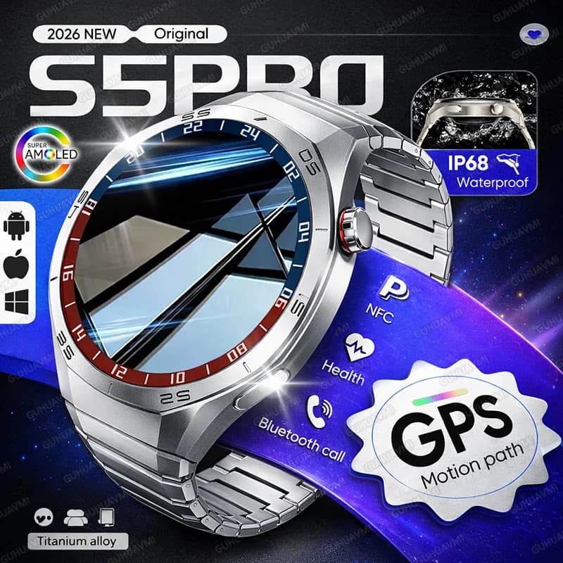 Nuovo Smartwatch GPS 2026 per Uomo con Schermo AMOLED, Chiamate Bluetooth, Impermeabile IP68, Vetro Zaffiro Premium, Orologio Sportivo Compatibile con iOS e Android