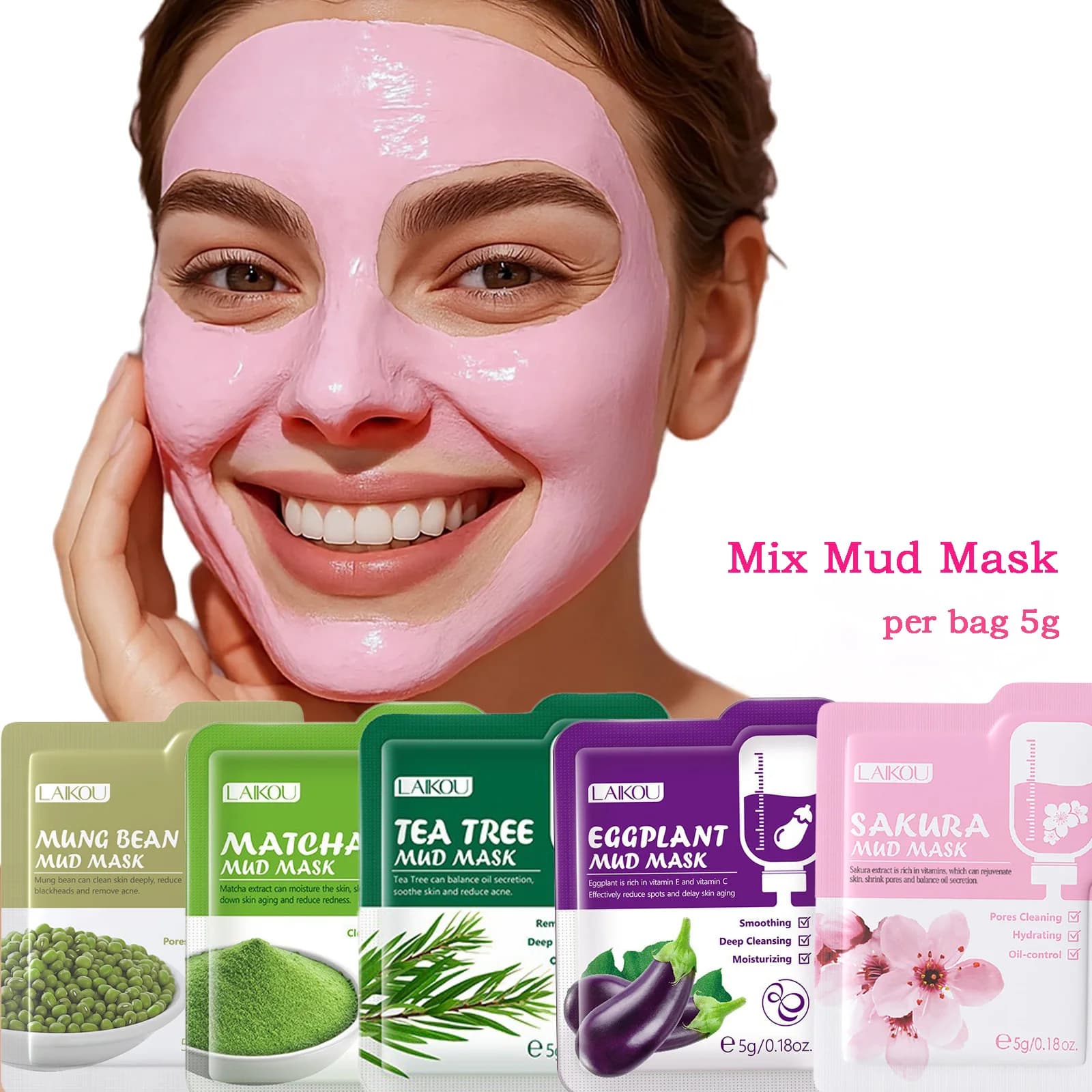 Face mask in purifying clay in bag, for acne, oily and mixed skin, deep cleansing, detoxifying, skin care, face mud mask 5g