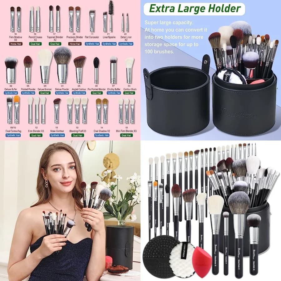 Set di 34 pennelli professionali per trucco in vero pelo di capra e crine di cavallo, con supporto extra large, di alta gamma, per truccatori professionisti.