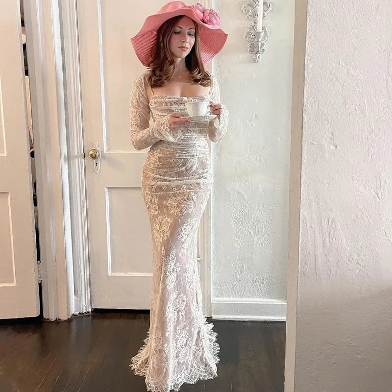 Elegant Long Sleeve Lace Fabric Gown High Waist Maxi Dress with Shawl Cross-Border Country Style Casual Sportswear for Women