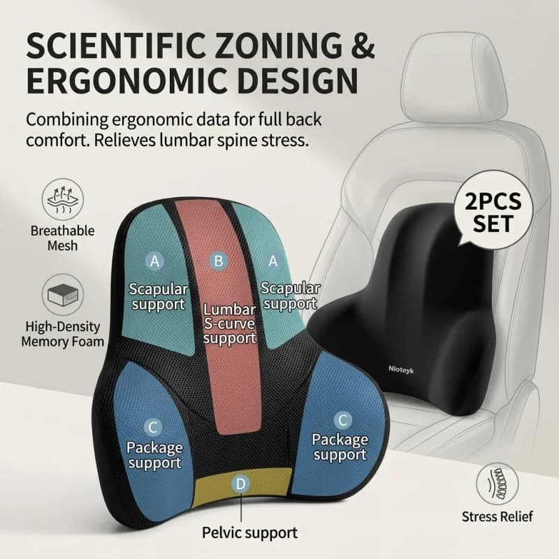 Cuscino Ergonomico per Sedile Auto, Poggiatesta in Memory Foam, Supporto Lombare per Lunghi Viaggi, Antistress, 2 Pezzi