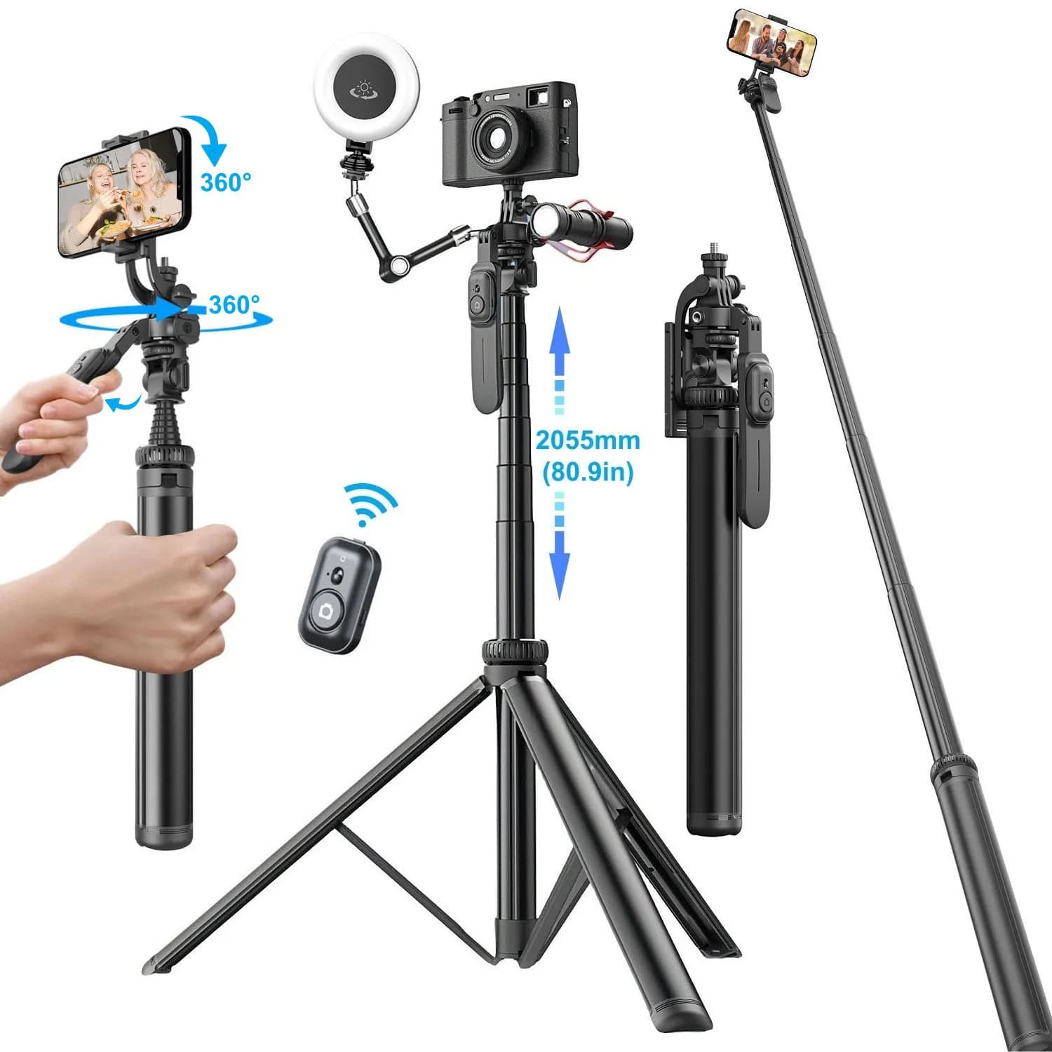 Treppiede per selfie stick da 80 pollici con telecomando per iPhone, supporto per telefono da viaggio per registrazione video, foto e vlogging