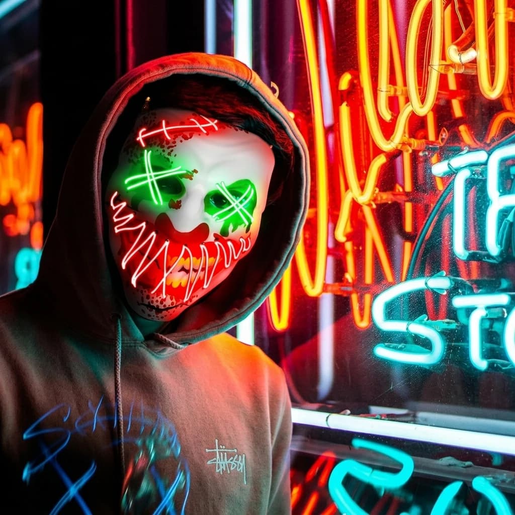LED Neon Mask Light Up Scary Face Halloween Horror Costume Prop Rave Festival Cosplay Masquerade Party for Men Women Adults
